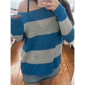 THEORY Women's Blue Gray Stripped Boat Neck Sweater Size Small Casual Chic Trend